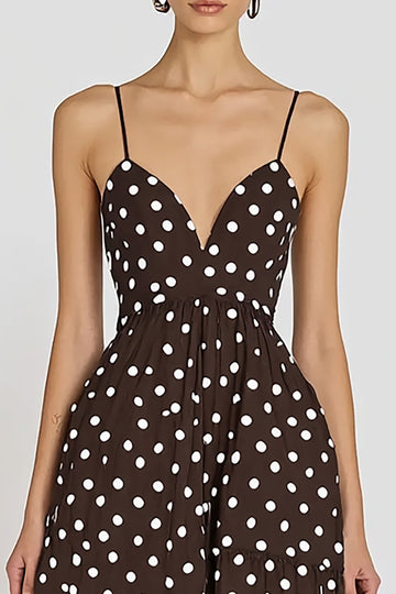 Coffee Chiffon A Line White Polka Dot Dress